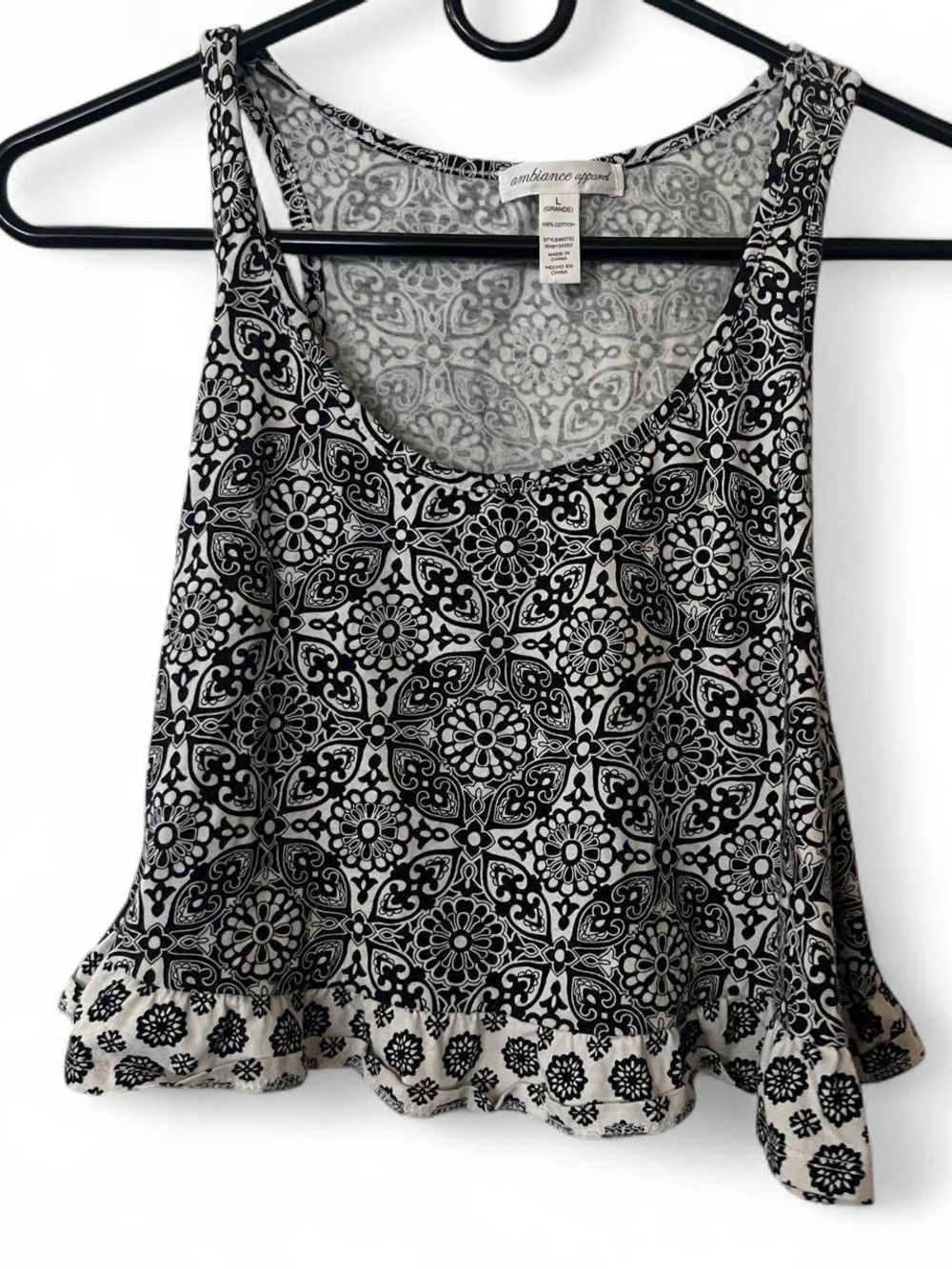 Ambiance Black and White Floral Medallion Ruffle Tank Top
